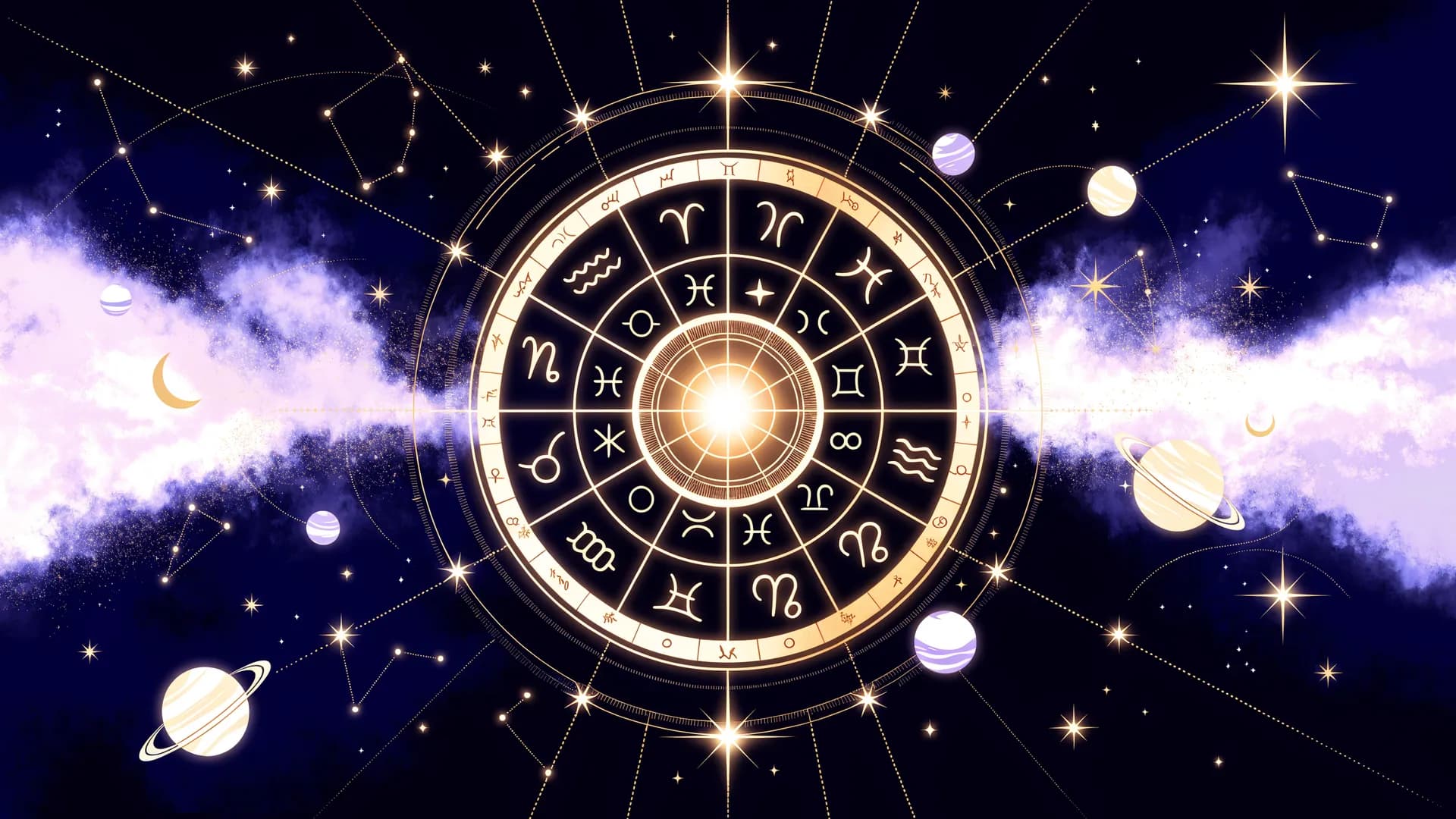 Astrological zodiac wheel showing the twelve signs, planets and constellations